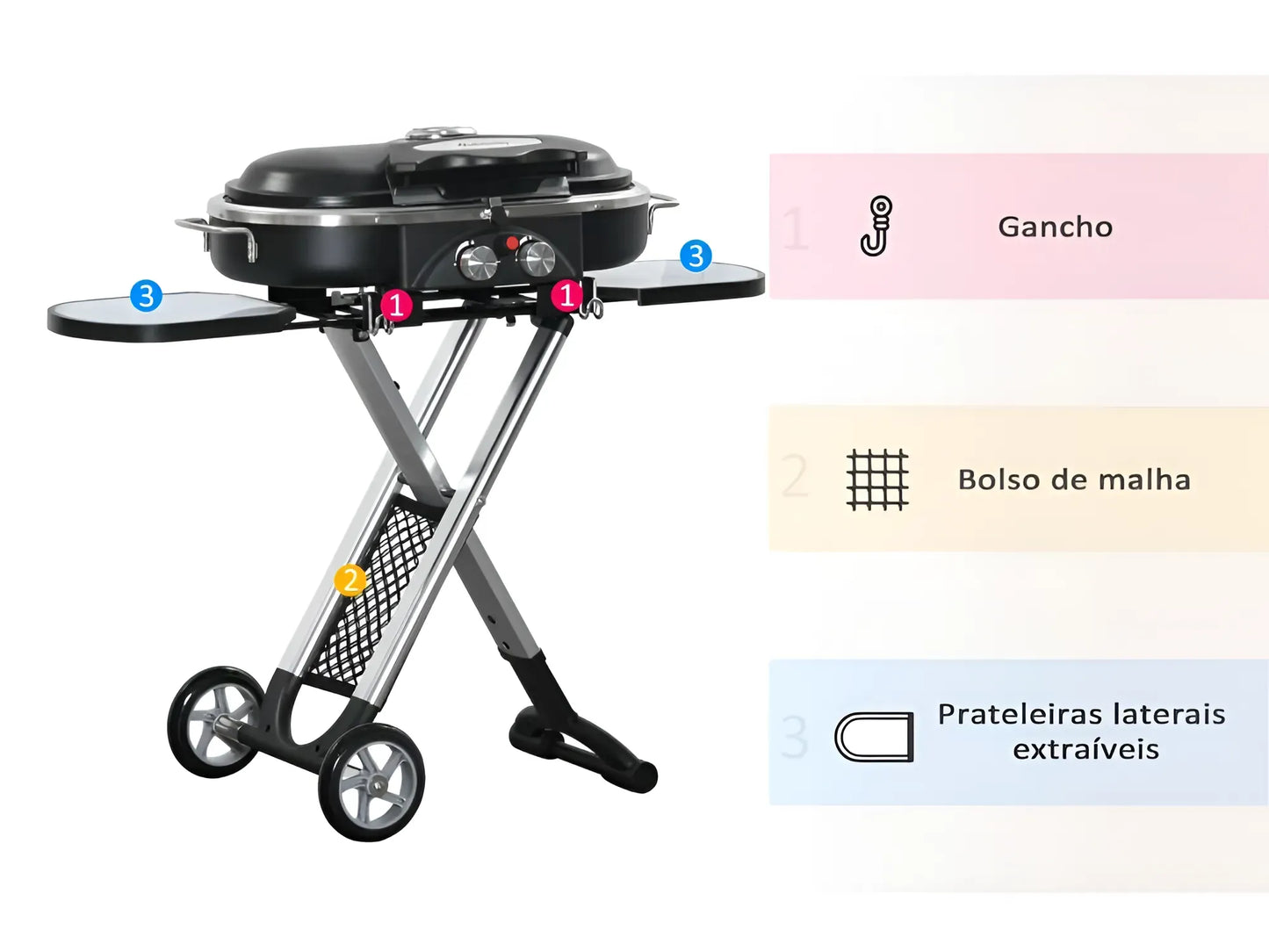 Barbecue a Gás Dobrável com 2 Queimadores e Mesas Laterais + Limpa Grelhas e Churrasqueiras - Chama Vermelha