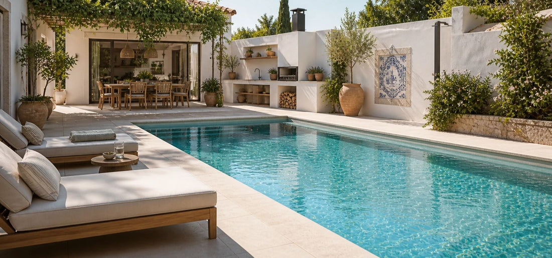 Piscina de água limpa e cristalina numa casa moderna de estilo mediterrânico português, com espreguiçadeiras e zona exterior com churrasqueira.