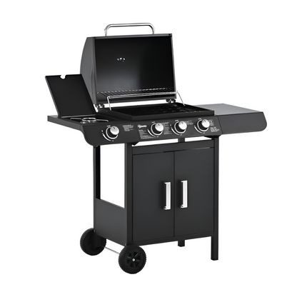 Barbecue a Gás com 3+1 Queimadores 11,6KW 2 Mesas Laterais + Limpa Grelhas e Churrasqueiras - Chama Vermelha