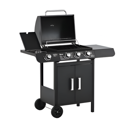 Gas Barbecue with 3+1 Burners 11.6KW 2 Side Tables + Grill and Barbecue Cleaner