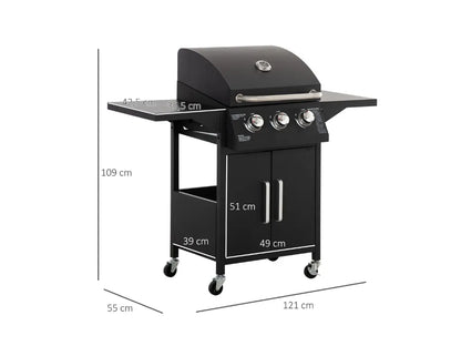Barbacoa de gas con 3 quemadores, termómetro, almacenamiento y ruedas