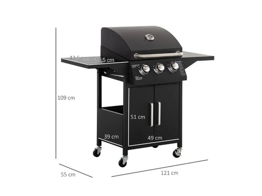 Gas Barbecue with 3 Burners, Thermometer, Storage and Wheels