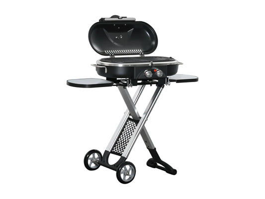 Foldable Gas Barbecue with 2 Burners and Side Tables + Grill and Barbecue Cleaner