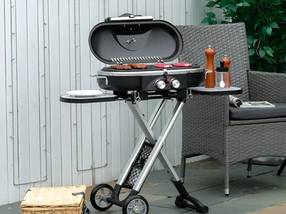 Barbecue a Gás Dobrável com 2 Queimadores e Mesas Laterais + Limpa Grelhas e Churrasqueiras