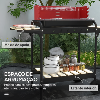 Barbecue a carbone portatile con ruote e griglia regolabile + Pulisci griglie e barbecue